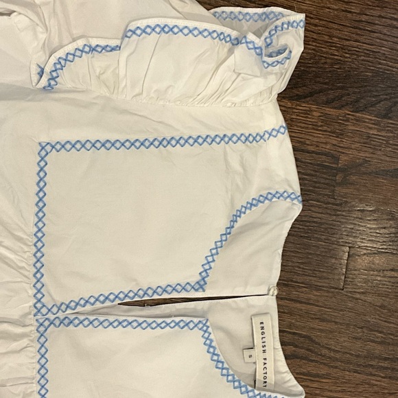 English Factory White Blouse with Blue Embroidered Trim and Ruffle Detail - Picture 4 of 8